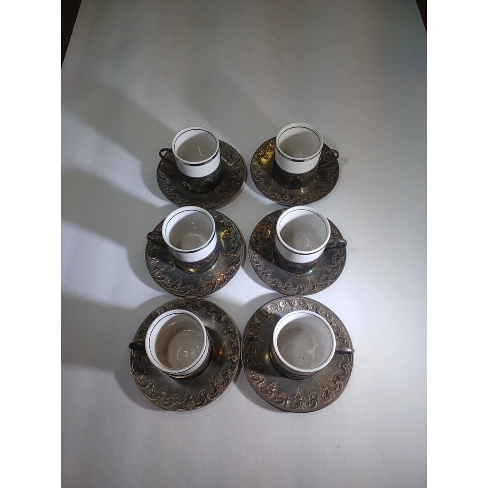 VINTAGE SILVER PLATED ESPRESSO MUG SET And Saucers Set Of 6